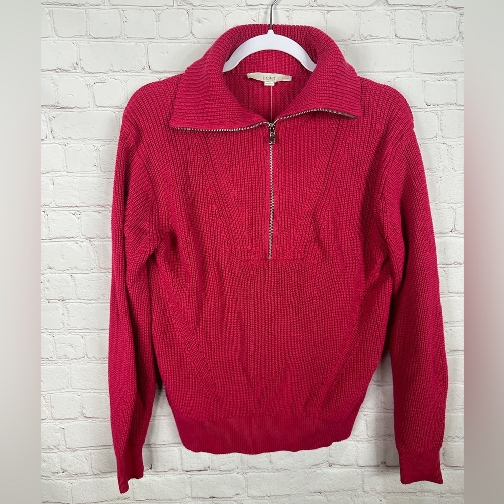 Loft pink long sleeve 1/2 zip pullover cotton cable knit sweater sz MP NWT $75
